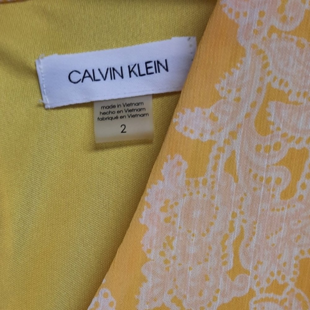 Calvin Klein Ruffle Sleeve Chiffon Yellow Print Dress 2 Spring Summer - Picture 10 of 10